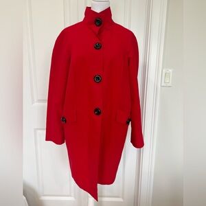 Anne Klein bright red trench coat with large black buttons